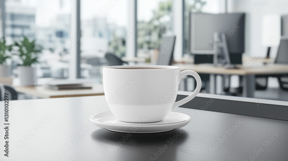 Side View of a Tea Cup on a Neat Office Desk with a Blurred Background of a Modern Office Environment, Providing Ample Space for Copy or Promotional Text copy space Side View of a Tea Cup on a Neat Office Desk with a Blurred Background of a Modern Office Environment, Providing Ample Space for Copy or Promotional Text copy space