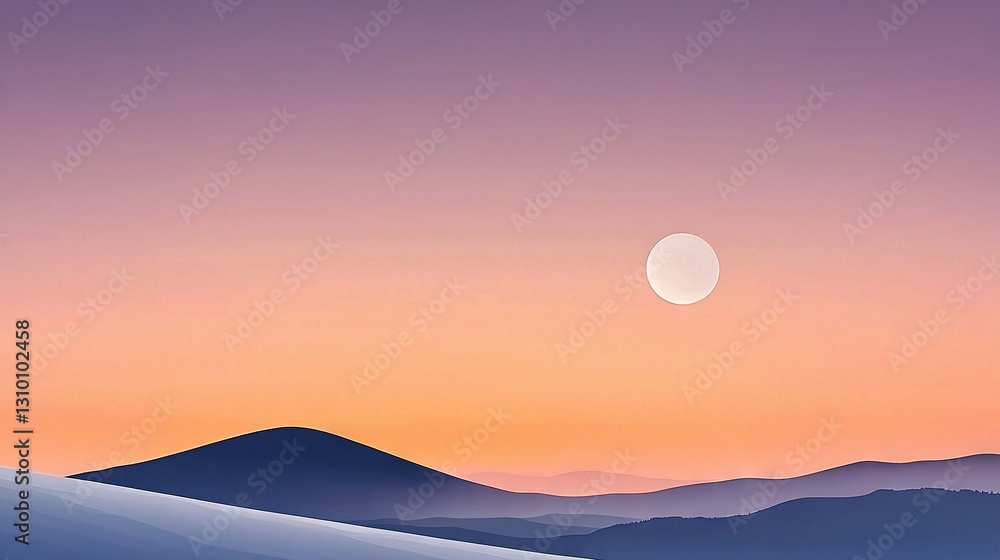 Sunset mountain range with full moon & distant mountains in fg Sunset mountain range with full moon & distant mountains in fg