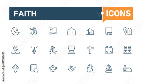 Religion linear icon collection. Icons faith, judaism, synagogue, mullah, priest and more. Perfect for logos and infographic. Editable stroke. Vector collection.