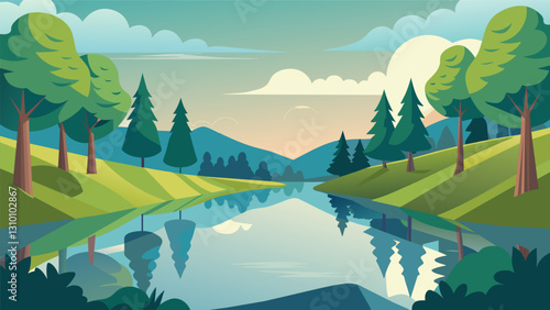 The calmness of the river creating a perfect reflection of the surrounding trees adding to the tranquil setting.. Vector illustration