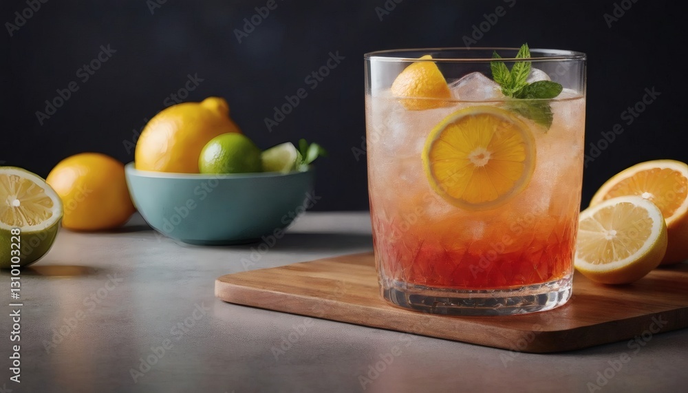 Fototapeta premium Refreshing Sparkling Lemonade in Frosted Glass with Citrus Slices and Mint Garnish | Summer Beverage Inspiration