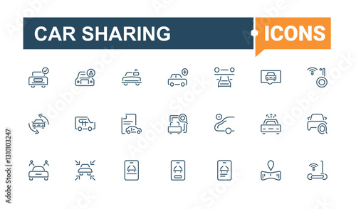 Set of Car Sharing line icons. Includes thin line electric, ride, ride sharing, dealer, business, driver, pool and more. Icons for UI. Vector outline icons collection.