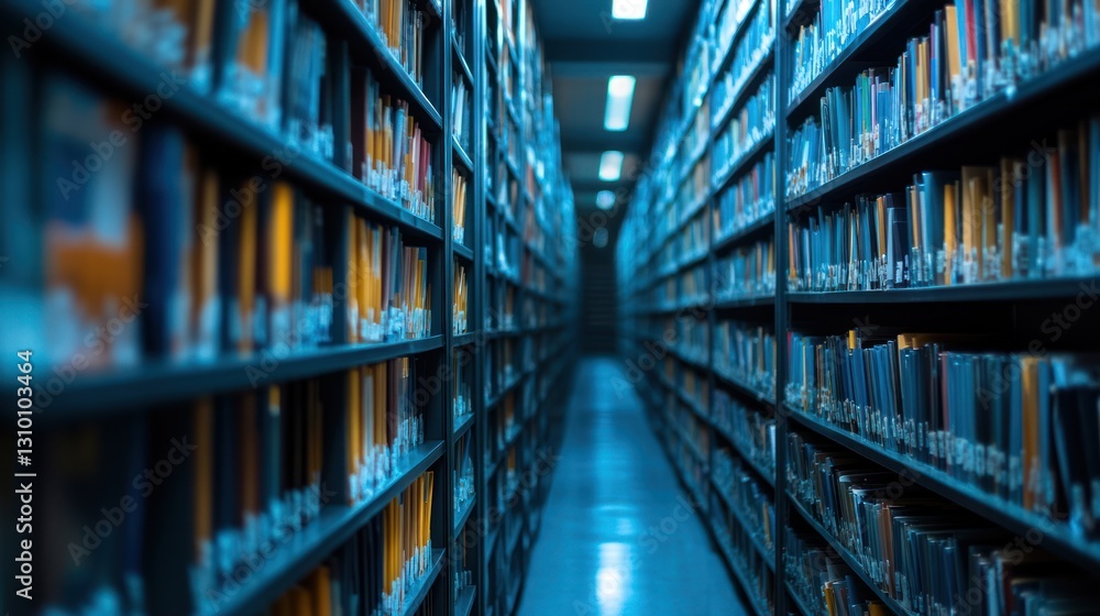 Dark blue library aisle with bookshelves. Dark blue library aisle with bookshelves.