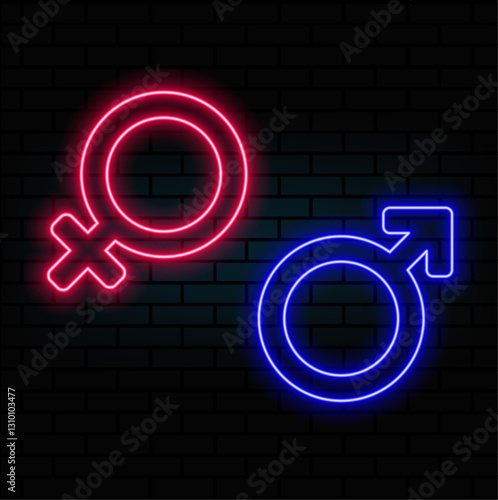 Neon gender signs. Male gender icon. Female gender icon. Sex icons. Sexual health.