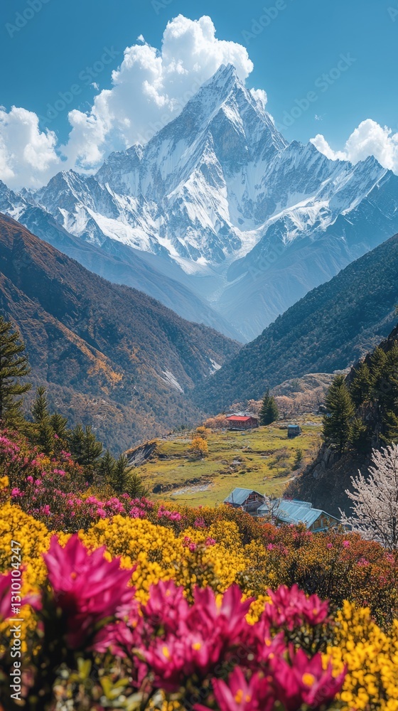 Vibrant rhododendrons blooming in the foreground of a breathtaking mountain valley landscape Vibrant rhododendrons blooming in the foreground of a breathtaking mountain valley landscape