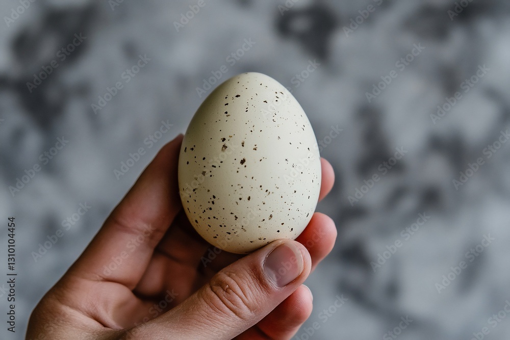 Hand holding speckled, off-white egg Hand holding speckled, off-white egg