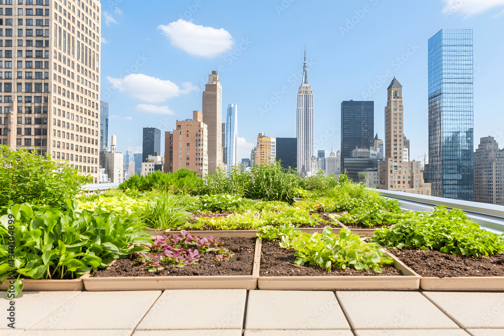 Fototapeta premium rooftop urban garden sanctuary, vertical botanical architecture