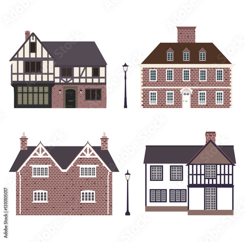 Set of English old houses on white background. 
