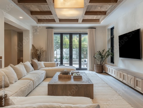 A modern living room features light colored furniture and decor