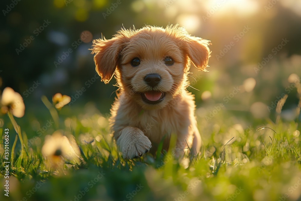 Golden retriever puppy running and playing happily in a field of grass during a beautiful sunset Golden retriever puppy running and playing happily in a field of grass during a beautiful sunset