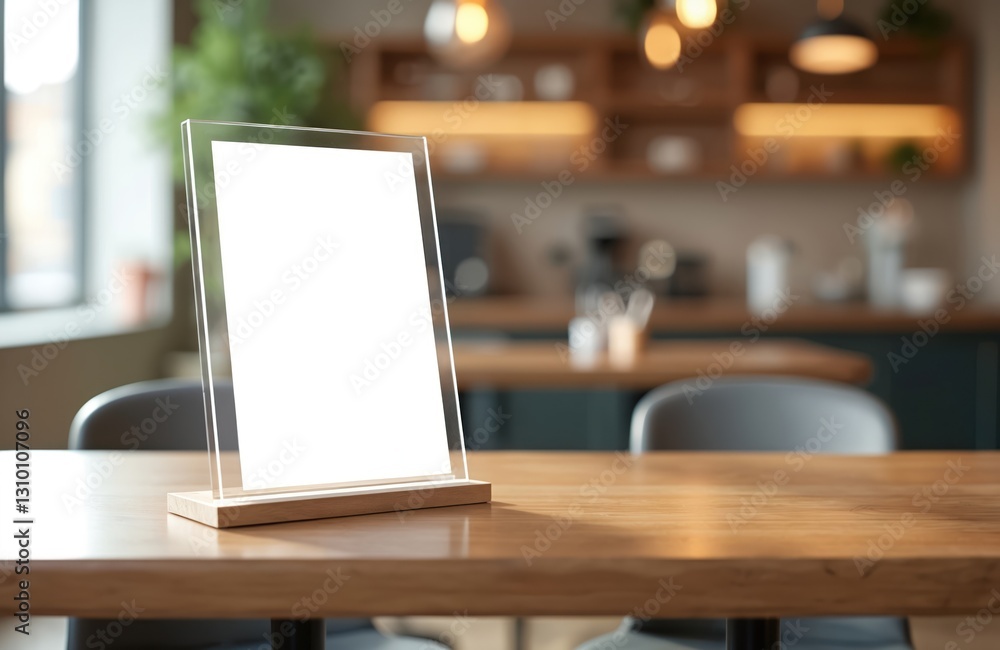 Menu stand mock-up on table in blurred background. Clear plastic frame. Tent card display for restaurant, cafe, bar. Modern interior object shows blank paper sheet template. Menu stand mock-up on table in blurred background. Clear plastic frame. Tent card display for restaurant, cafe, bar. Modern interior object shows blank paper sheet template.