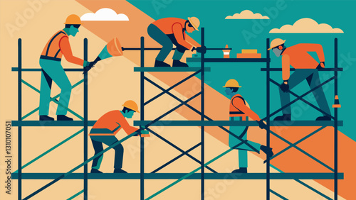 With a system of intricate scaffolding built beneath them steelworkers crawl like spiders over the framework diligently welding and bolting each piece. Vector illustration