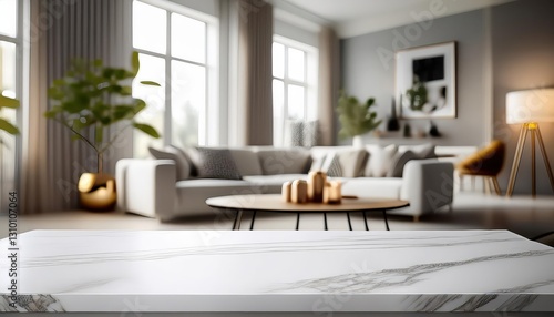 Spotlight on a Minimalist White Table  Framed by a Blurred Modern Living Room Backdrop A Study of Contrast  Simplicity  and Modern Elegance