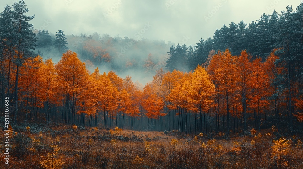 Fototapeta premium Misty autumn forest path, scenic wallpaper