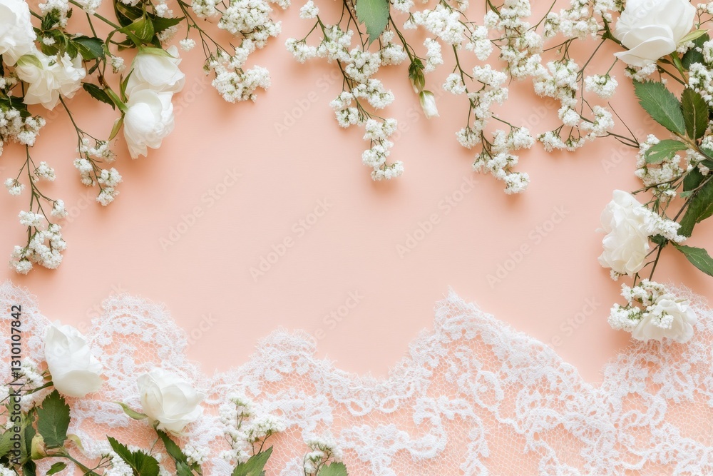 Floral Arrangement with Lace on Peach Background for Weddings Floral Arrangement with Lace on Peach Background for Weddings