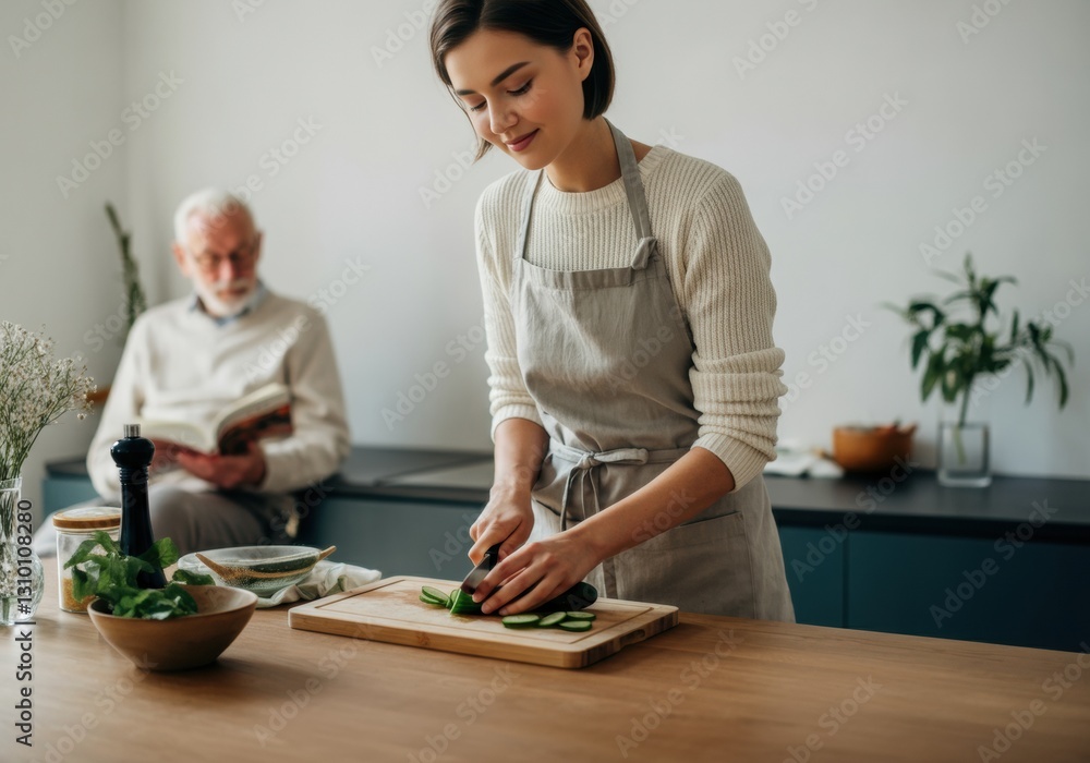 Woman chopping vegetables in a modern kitchen while a man reads nearby