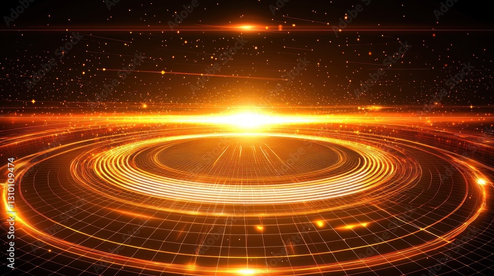 Golden circular platform, abstract energy, particles, digital background Golden circular platform, abstract energy, particles, digital background