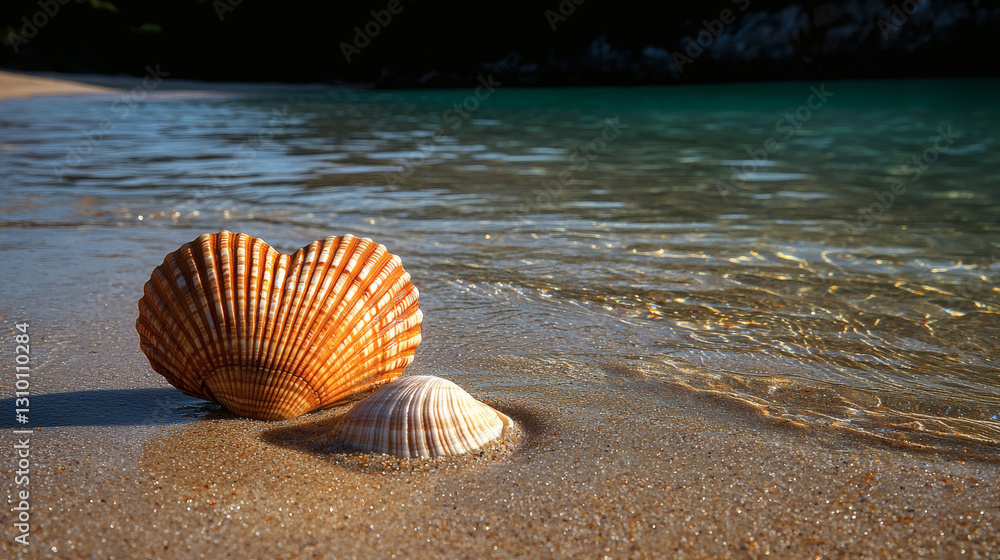 Beautiful seashells on serene, sandy beach. Beautiful seashells on serene, sandy beach.