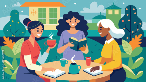 Set in a quaint courtyard garden a group of women engage in lively discussion while sipping on cups of coffee delving deeper into the Word of God with. Vector illustration