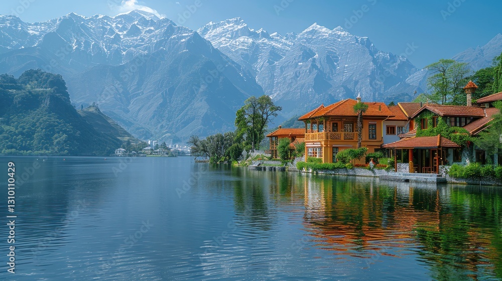 Fototapeta premium Lakeside villas reflecting in a lake with snowy mountain backdrop
