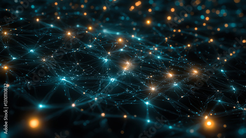 Visual representation of a complex network of connected nodes and glowing particles in a dark background showcasing data flow and connectivity