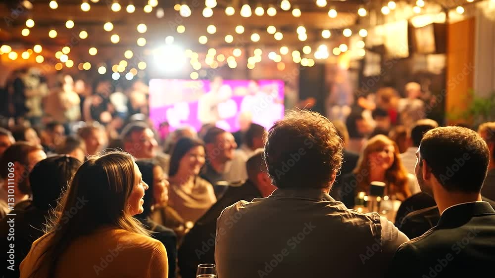 A packed comedy club erupts in laughter and applause, faces lit up with amusement. The warm glow of hanging lights enhances the intimate setting. A packed comedy club erupts in laughter and applause, faces lit up with amusement. The warm glow of hanging lights enhances the intimate setting.