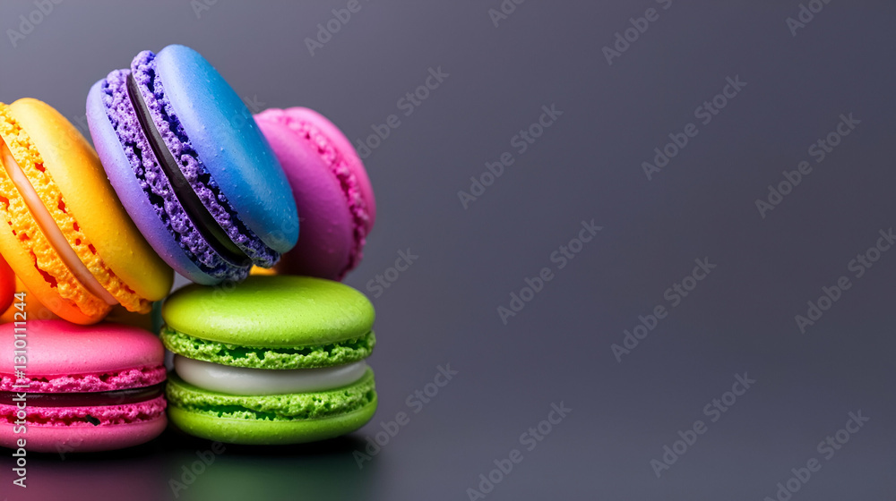 Colorful Macarons Stacked on Dark Background, Vibrant Pastry Treats with Various Flavors and Textures Colorful Macarons Stacked on Dark Background, Vibrant Pastry Treats with Various Flavors and Textures
