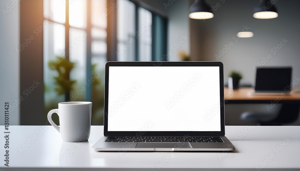 Minimalist Office Scene Clean, Crisp, and Invigorating Workspace with Modern Aesthetics, Starring a Blank Laptop Screen and Coffee Companion in the Soft Glow of Evening Light. Minimalist Office Scene Clean, Crisp, and Invigorating Workspace with Modern Aesthetics, Starring a Blank Laptop Screen and Coffee Companion in the Soft Glow of Evening Light.