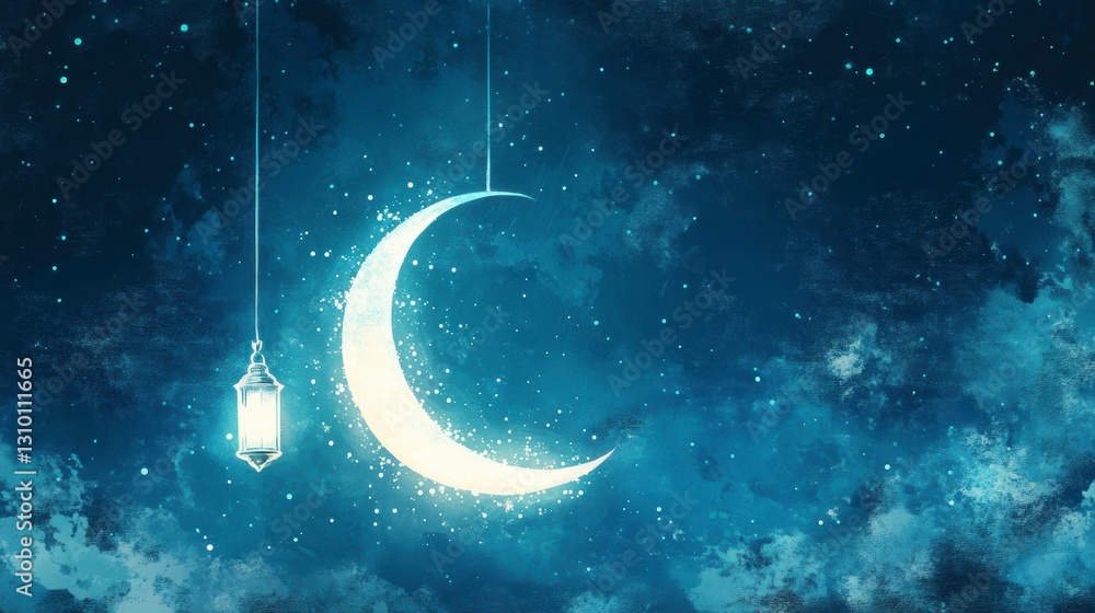 Fototapeta premium Crescent moon hanging with lanterns at night, starry sky, spiritual