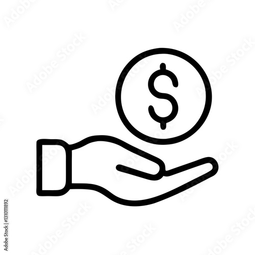 Financial support icon with hand and dollar coin in outline style