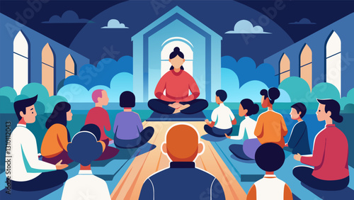 The church reverberates with the sound of peaceful chanting as participants close their eyes and repeat mantras during a spiritual meditation session. Vector illustration