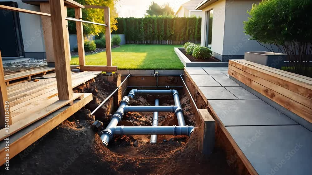 Excavated backyard with exposed underground plumbing pipes for home renovation project
