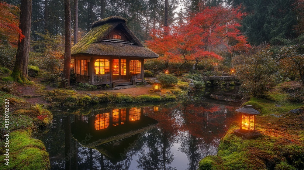 Obraz premium Illuminated thatched hut in autumnal Japanese garden