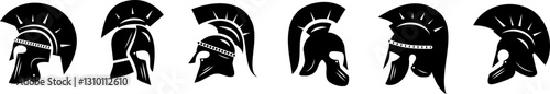 Vector set of Spartan helmets silhouettes isolated on a white background. Roman and Greek warrior helmet designs.



