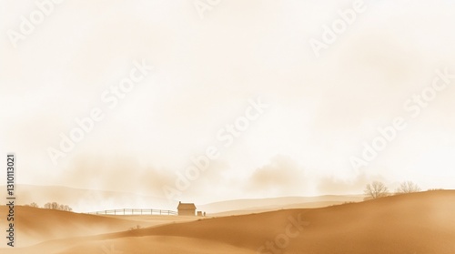 Serene rural landscape backgroud with a small house in soft beige tones and mist 