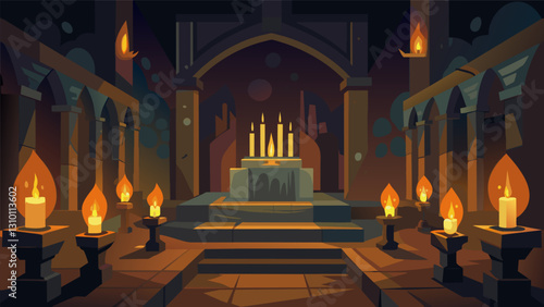 The dimly lit sanctuary was filled with the sound of whispered prayers and the scent of burning candles.. Vector illustration