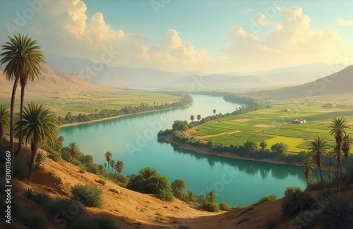 Panoramic serene landscape with Tigris river, Euphrates river, palm trees, agricultural fields. Farming, irrigation in Mesopotamia, Middle East. Natural beauty of waterway in vale under blue cloudy