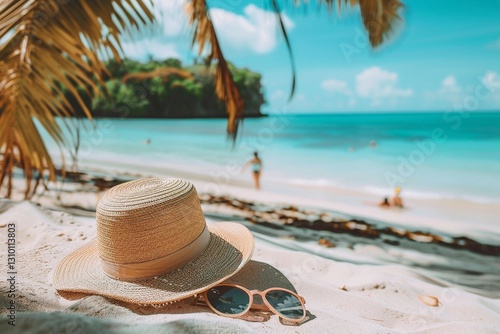 Background with hat and sunglasses. Sea and palm leaves. Summer Vacation