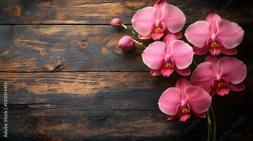 Fototapeta premium Stunning Arrangement of Phalaenopsis Orchid on a Rustic Wooden Table Accentuating Nature's Beauty