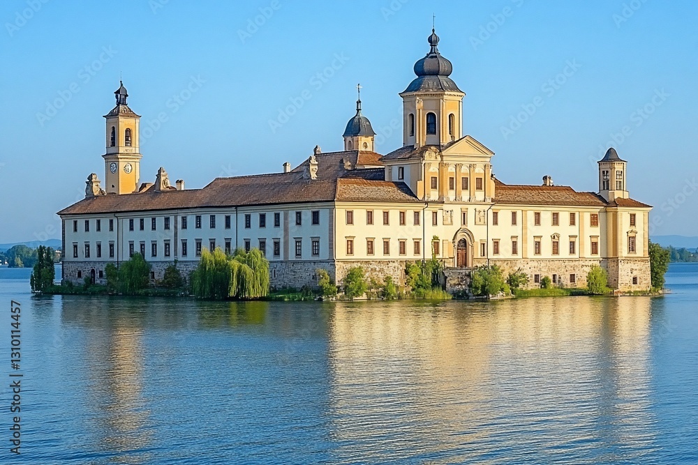 Fototapeta premium Island monastery reflected in calm lake water