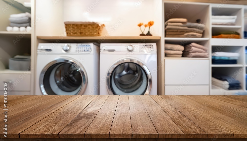 Blurred Laundry Room Serenity Empty Table Amidst a Dreamy, SoftFocused Laundromat with Cool Neutrals and Classic Textures, Evoking Calm and Tranquility.