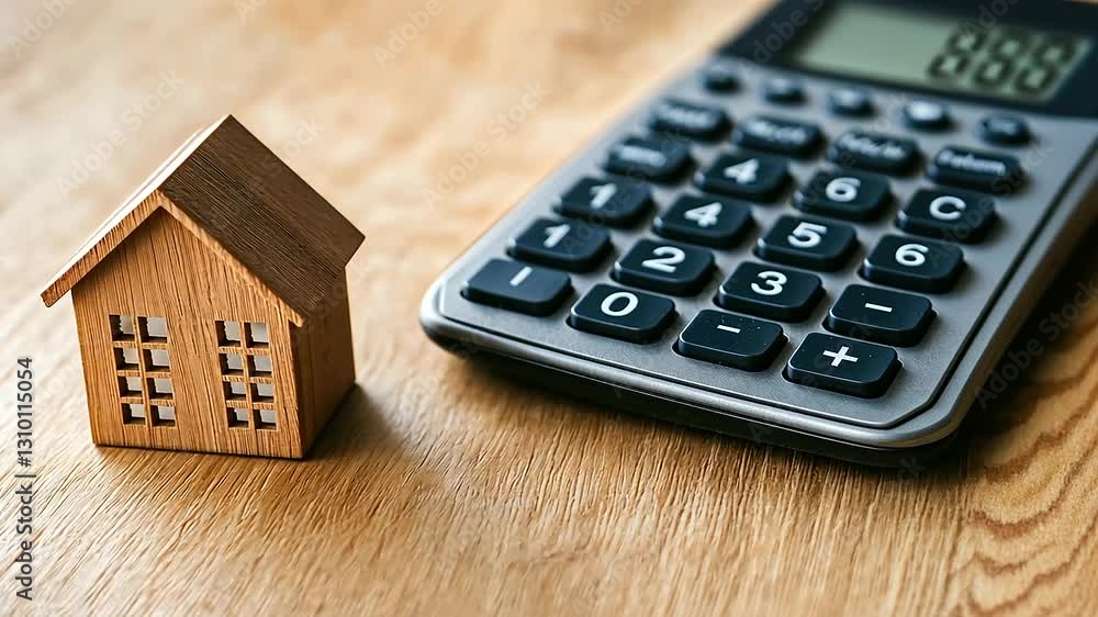 A miniature wooden house model sits next to a modern calculator on a light brown wooden table, symbolizing real estate finance, mortgage calculations, and smart home investments. A miniature wooden house model sits next to a modern calculator on a light brown wooden table, symbolizing real estate finance, mortgage calculations, and smart home investments.