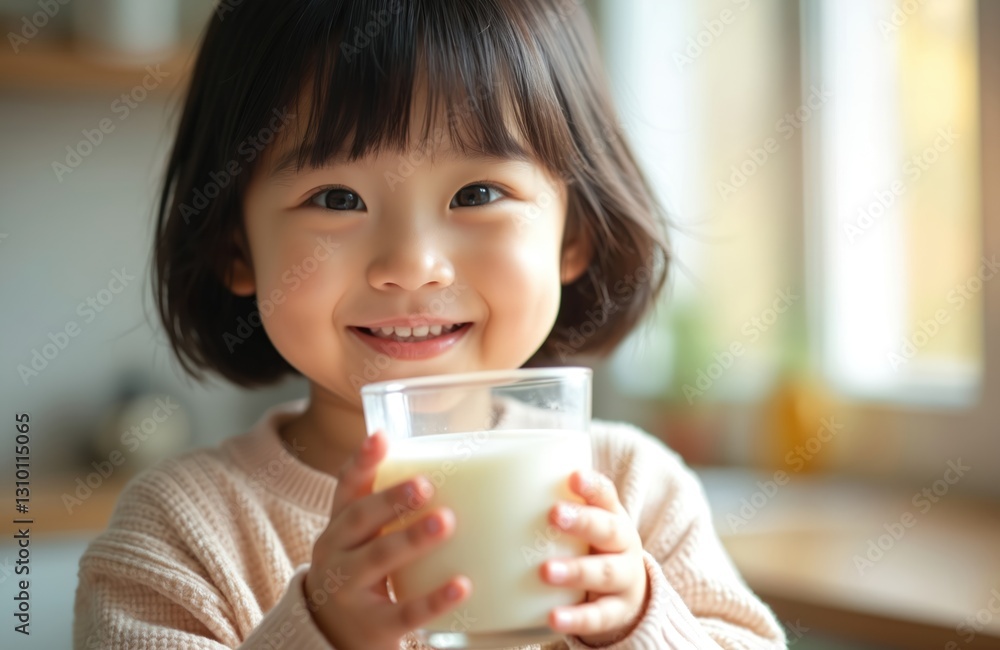 Portrait of cute Asian kid holding glass of milk at home kitchen. Little preschool girl smiles, enjoy drinking milk. Healthy eating for happy kids and childhood concept. Portrait of cute Asian kid holding glass of milk at home kitchen. Little preschool girl smiles, enjoy drinking milk. Healthy eating for happy kids and childhood concept.