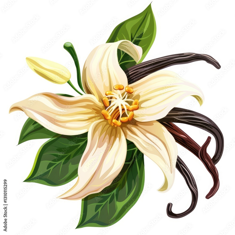 Naklejka premium Delicious vanilla flower with spice pods and green leaves on white background