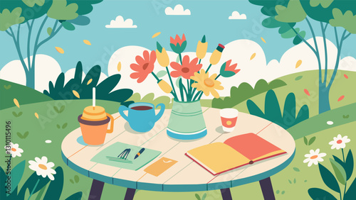 Basking in the dappled sunlight a charming garden table is adorned with a vase of freshly picked flowers and a collection of sketching supplies. The. Vector illustration