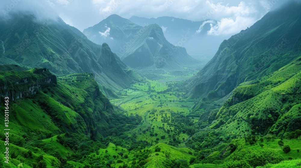 Fototapeta premium Green valley between misty mountains with cloudy sky