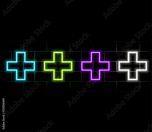 A set of neon crosses for formaceutics. Bright colorful icons for medicine.