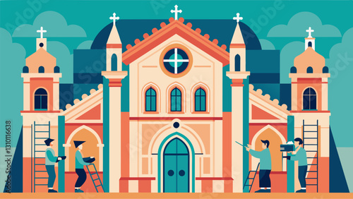 Intricate details on the churchs facade being painstakingly restored to their original grandeur by patient and skilled workers.. Vector illustration