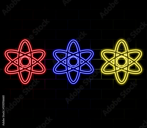 Atom icon isolated on transparent background. Fusion orbit spin. Neon light atomic neutron. Atom blue color. Nuclear atom. 3d cell nucleus. Molecule fusion. Proton core symbol. Ion element. Vector