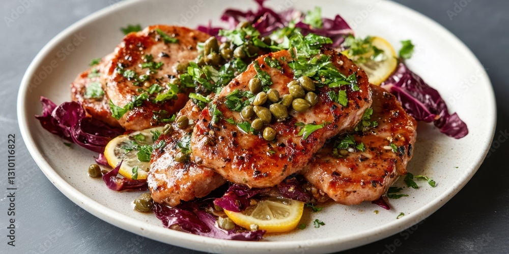 Grilled pork chops with capers and lemon on radicchio salad Grilled pork chops with capers and lemon on radicchio salad